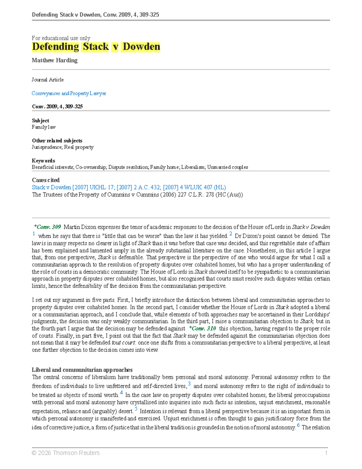 Defending Stack v Dowden: A Communitarian Perspective on Property ...