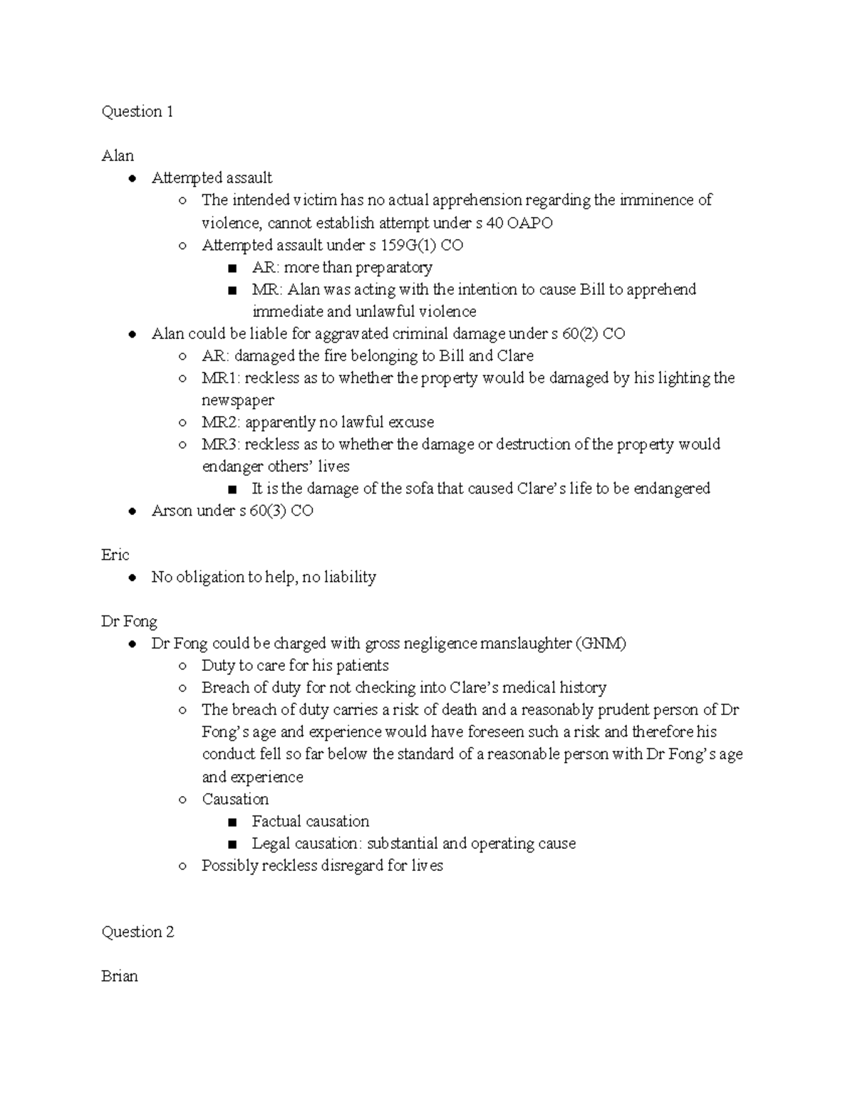 CRi IM 2019-2020 Term 1 copy - Question 1 Alan Attempted assault The ...