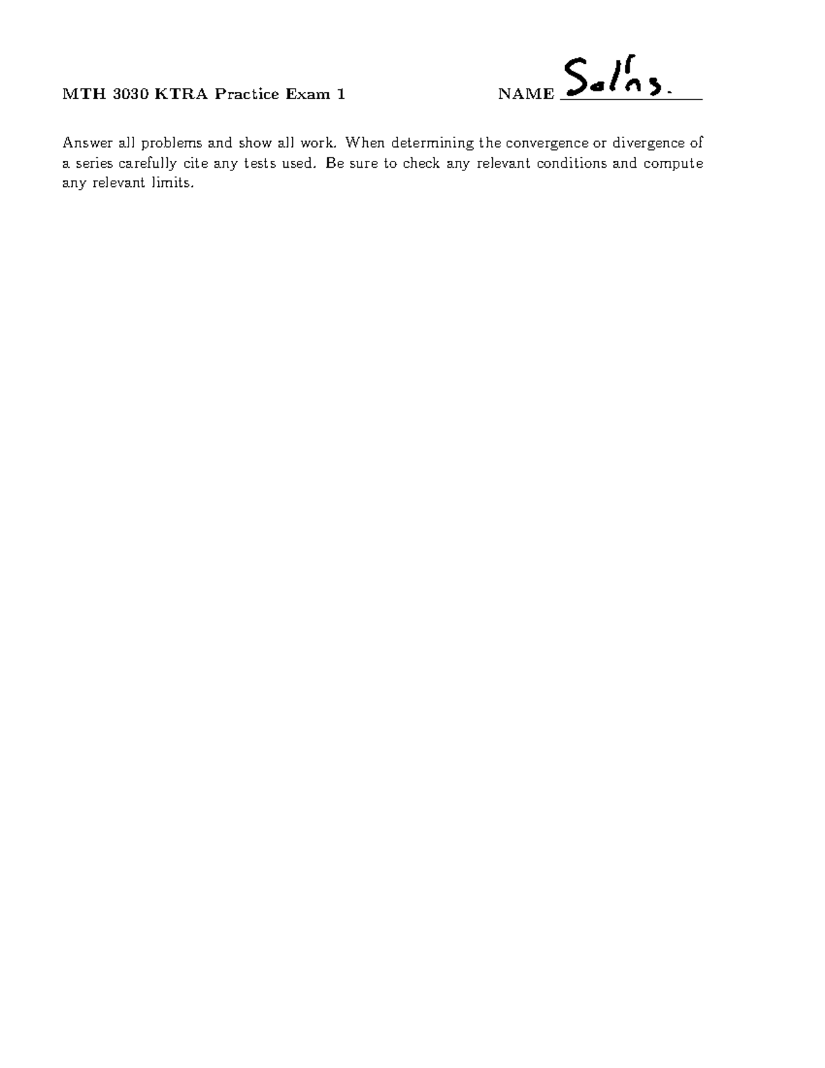 MTH 3030 KTRA Practice Exam 1 Solutions and Work Shown - Studocu