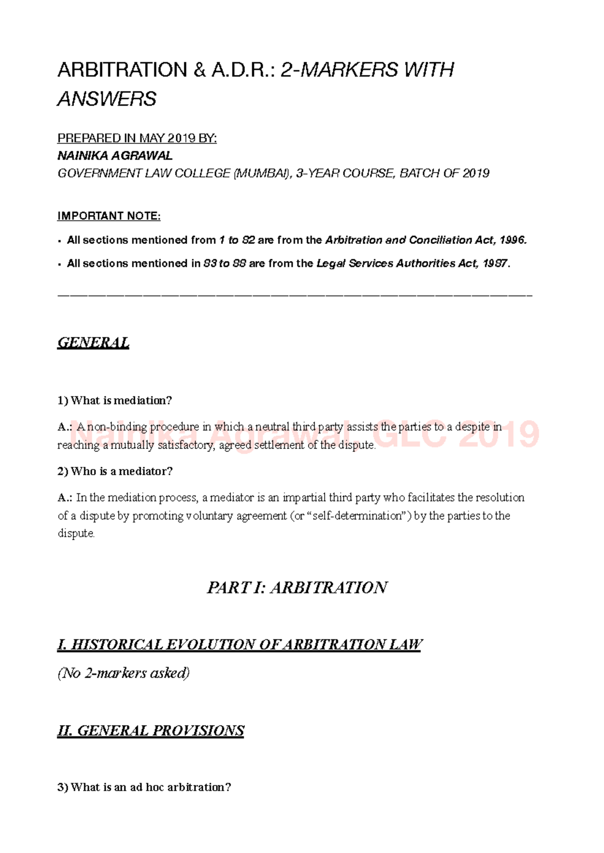 Arbitration A.D.R. Study Notes with Answers - GLC 2019 - Studocu