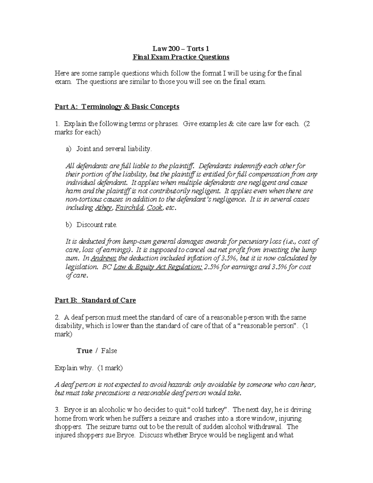 Law 200 Torts 1 Final Exam Practice Questions & Answers - Studocu