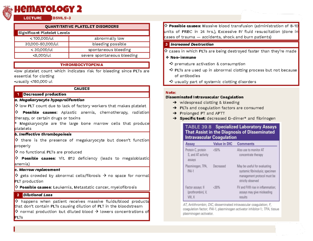 Hematology 2 Lecture: Quantitative Platelet Disorders Overview - Studocu