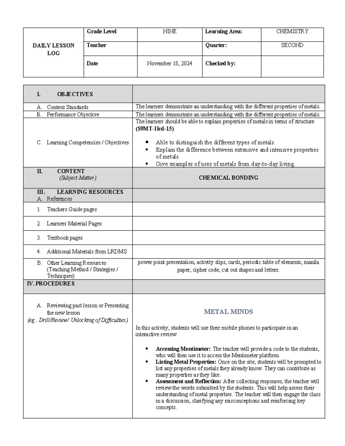 S9MT-IIcd-15 Daily Lesson Log: Exploring Properties of Metals - Studocu