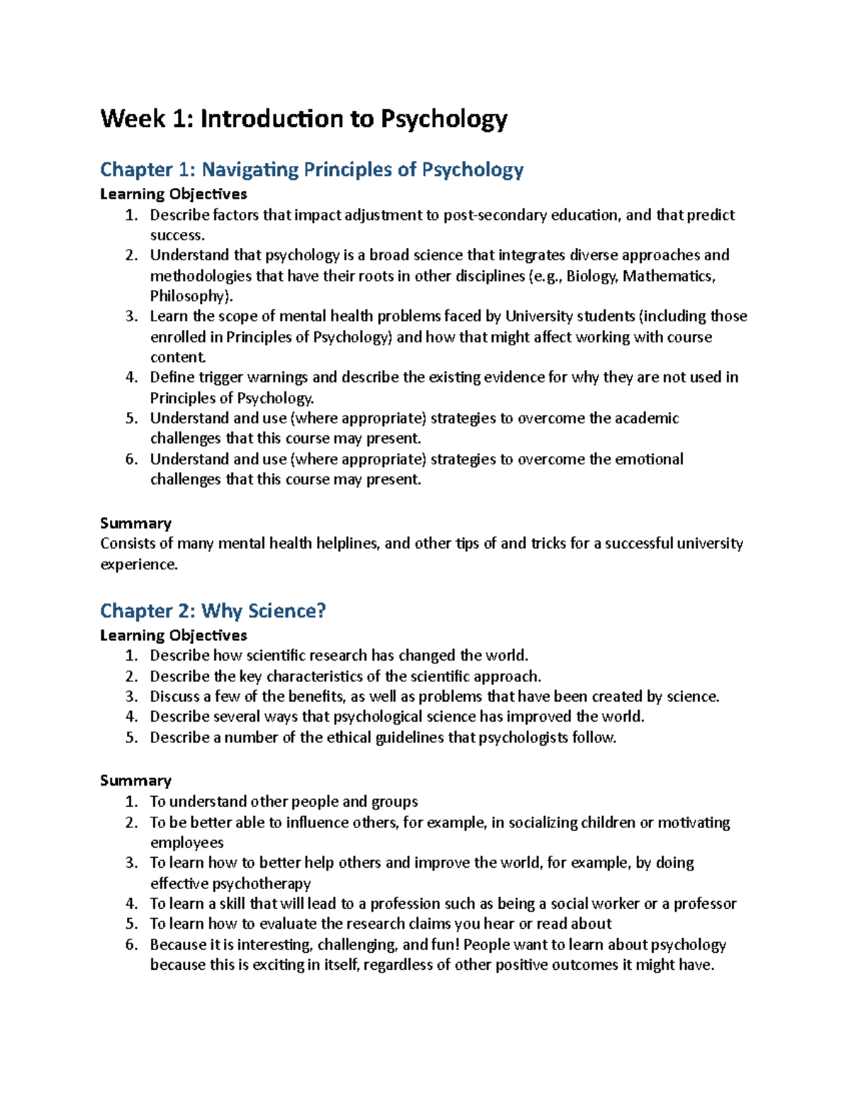 PSYC 101 Exam Review: Summary of Key Concepts from Each Chapter - Studocu
