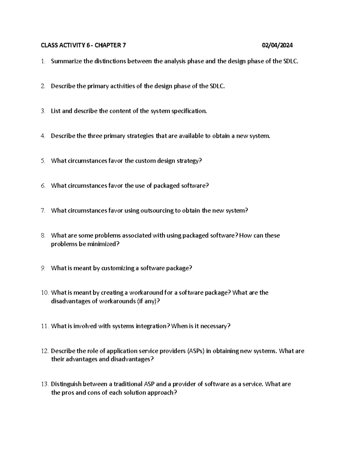 Class Activity 6: SDLC Analysis & Design Phases (CH7) 2024 - Studocu