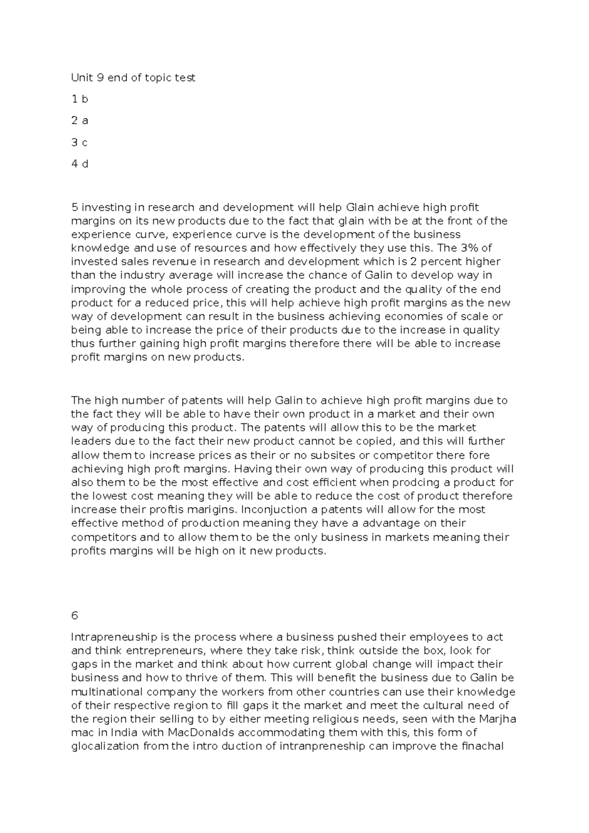 Unit 9 End of Topic Test - Strategies for Achieving High Profit Margins ...