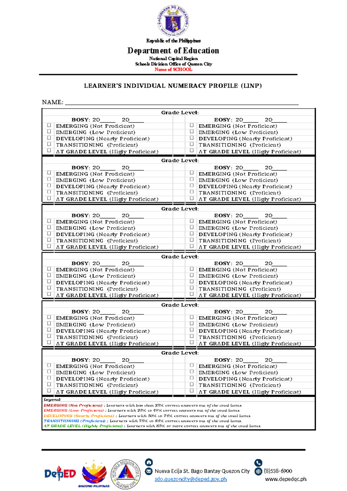 Learner's Individual Numeracy Profile (LINP) - Quezon City School - Studocu