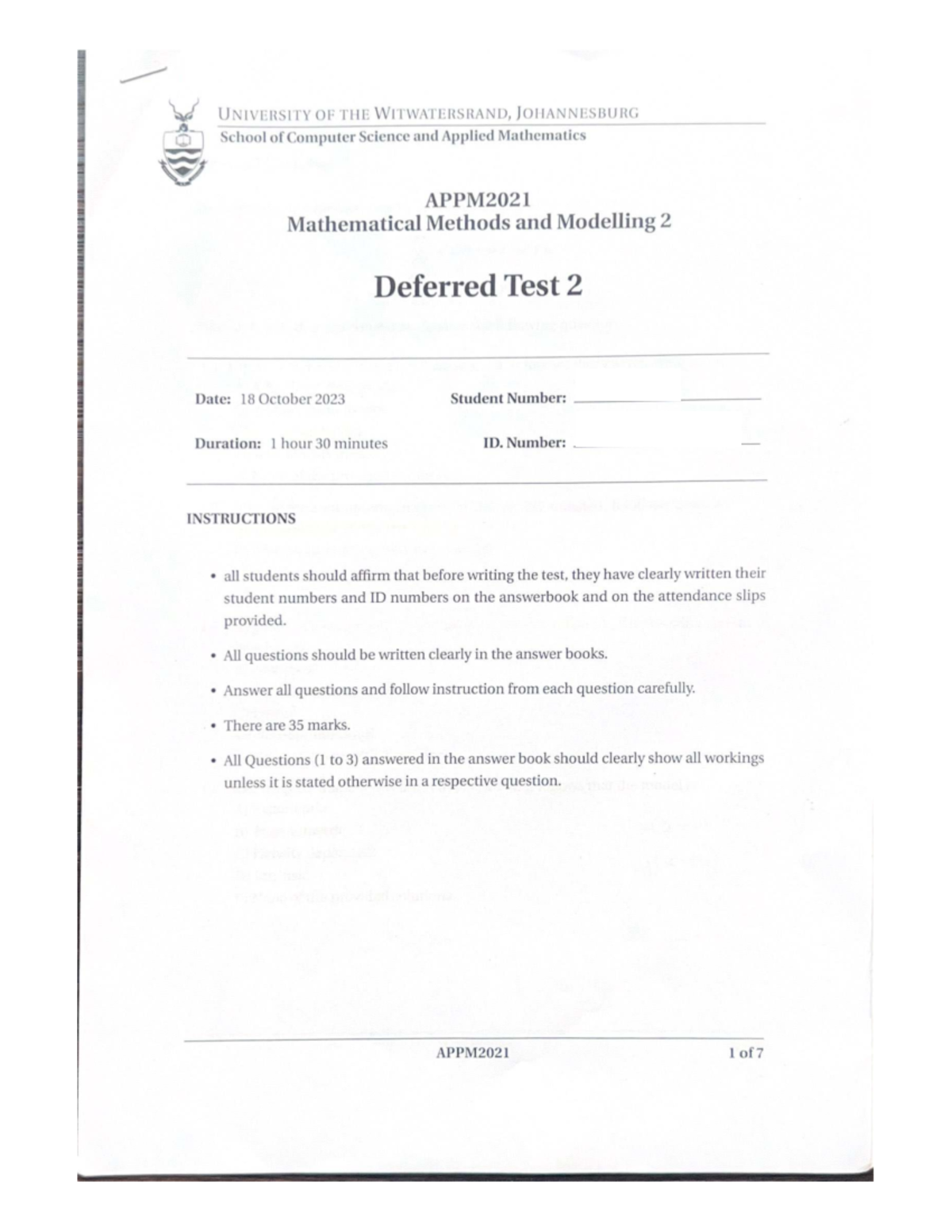 APPM2021 Mathematical Methods & Modelling 2 Deferred Test 2 - 2023 ...