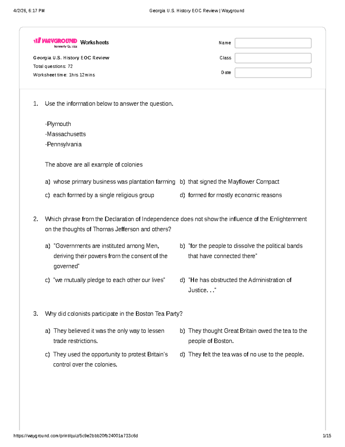 Georgia U.S. History EOC Review Worksheet: Key Concepts and Questions ...