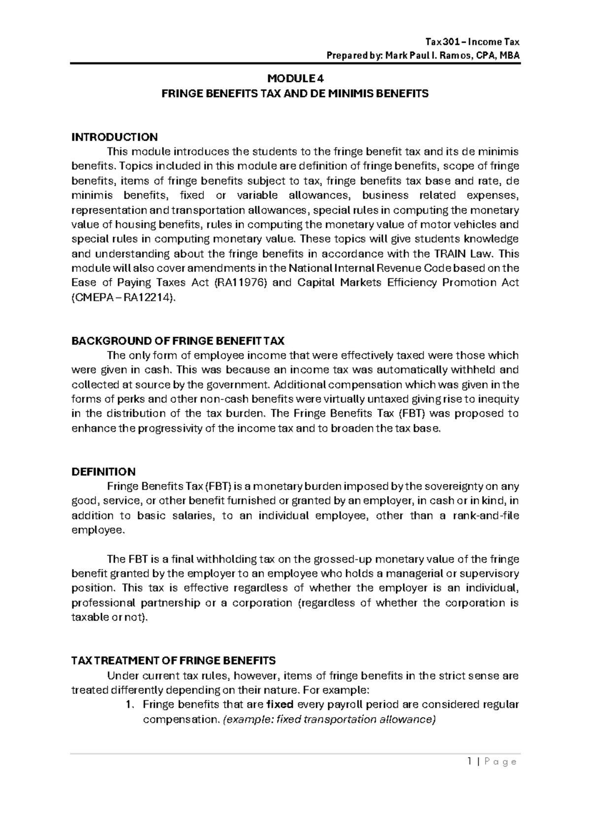 Tax 301 Module 4: Fringe Benefits Tax & De Minimis Benefits Overview ...
