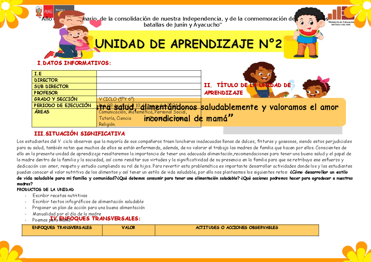 V- Unidad de Aprendizaje 2 - 2024: Salud y Alimentación en Primaria ...