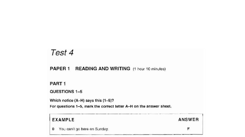 Test 4 PAPER 1 READING AND WRITING Practice Questions - Studocu