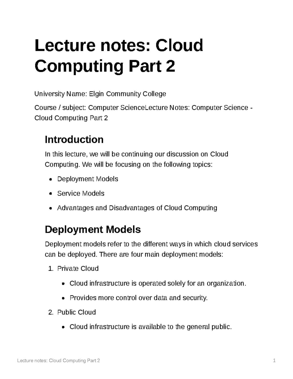 Lecture Notes: Cloud Computing Part 2 - Deployment & Service Models ...