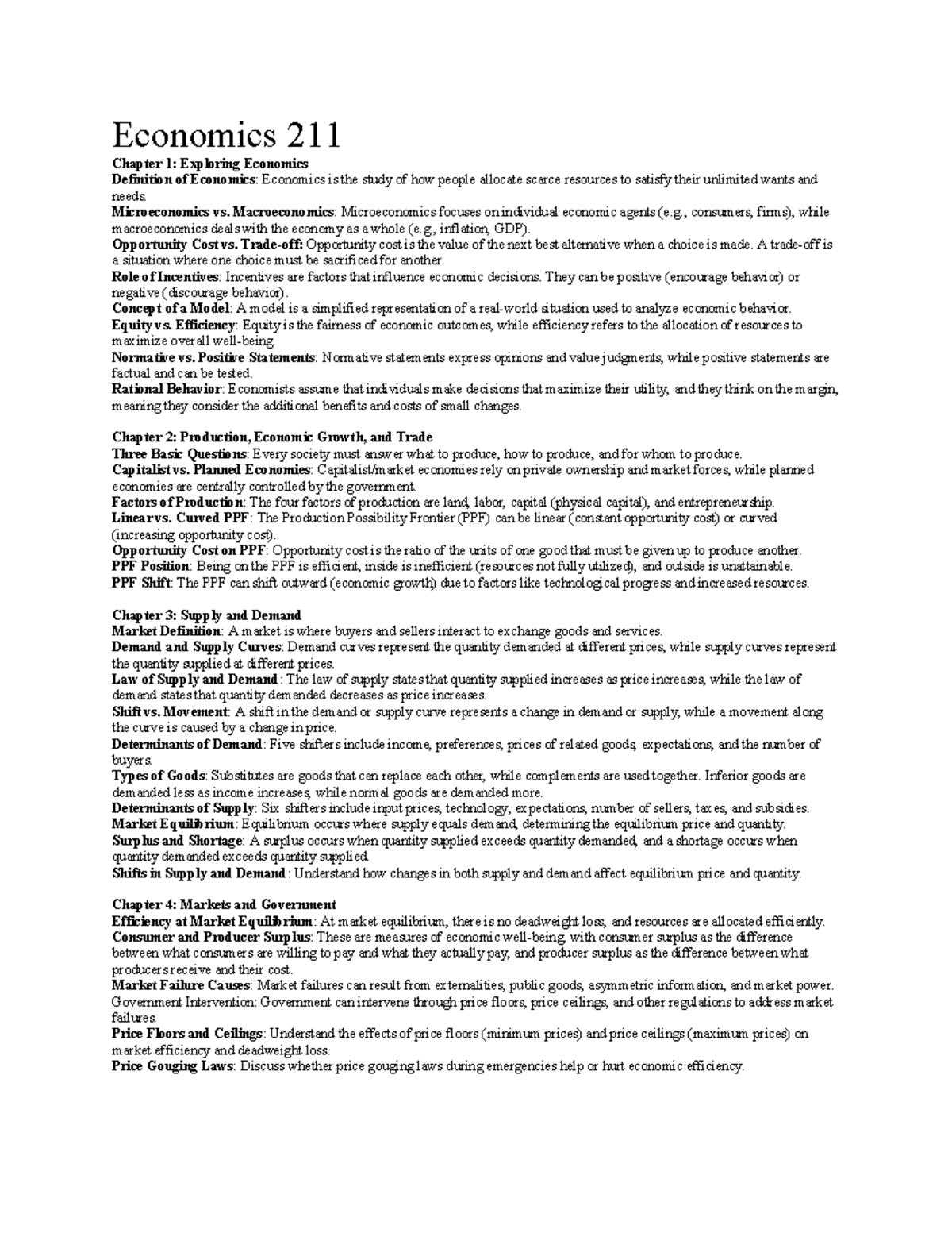 Econ211 Final Exam Cheat Sheet: Key Concepts in Economics - Studocu