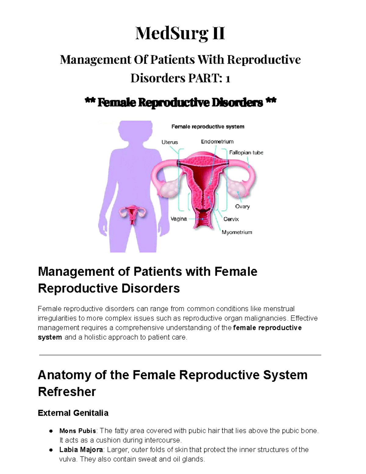 MedSurg II Final Exam Notes: Managing Female Reproductive Disorders ...