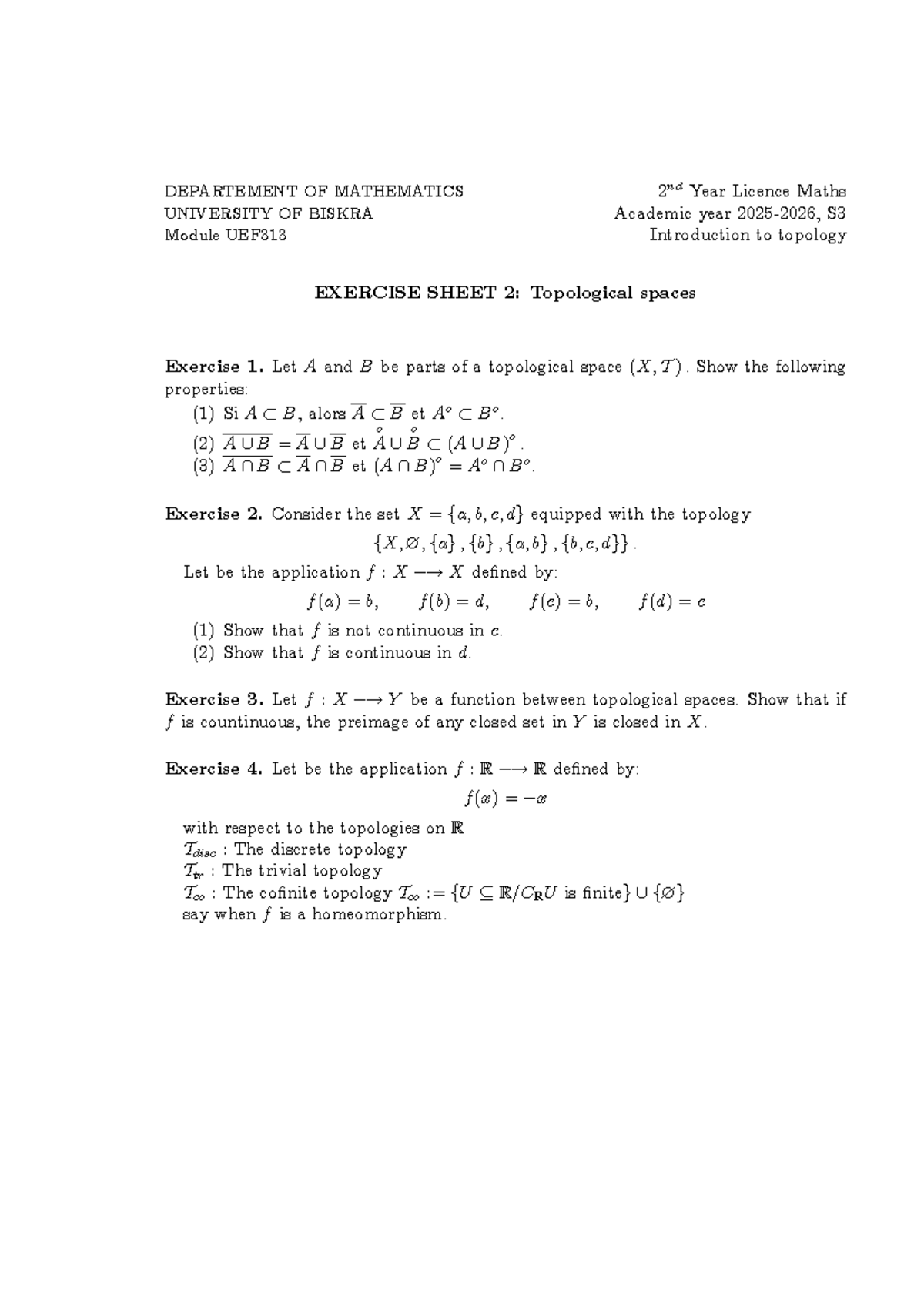 UEF313 Exercise Sheet 2: Introduction to Topology - Studocu
