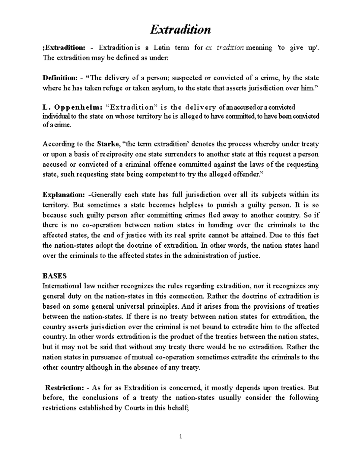 Extradition - Lecture Notes 1: Definitions, Principles, & Restrictions ...