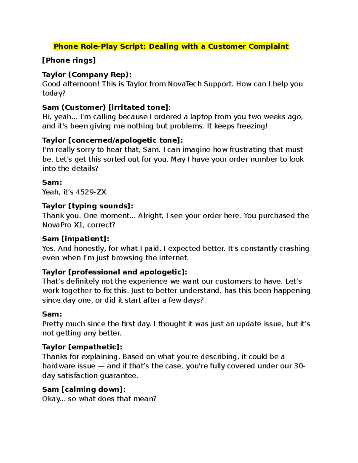 Phone Script: Customer Complaint Handling and Appointment Setup - Studocu