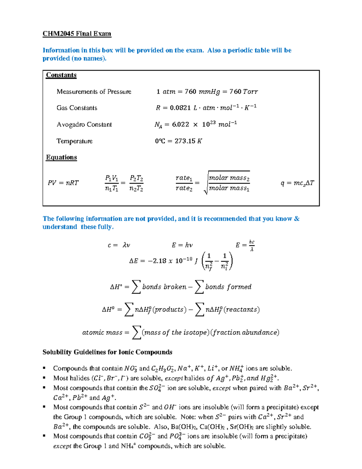 CHM2045 Final Exam Key Equations and Constants Guide - Studocu