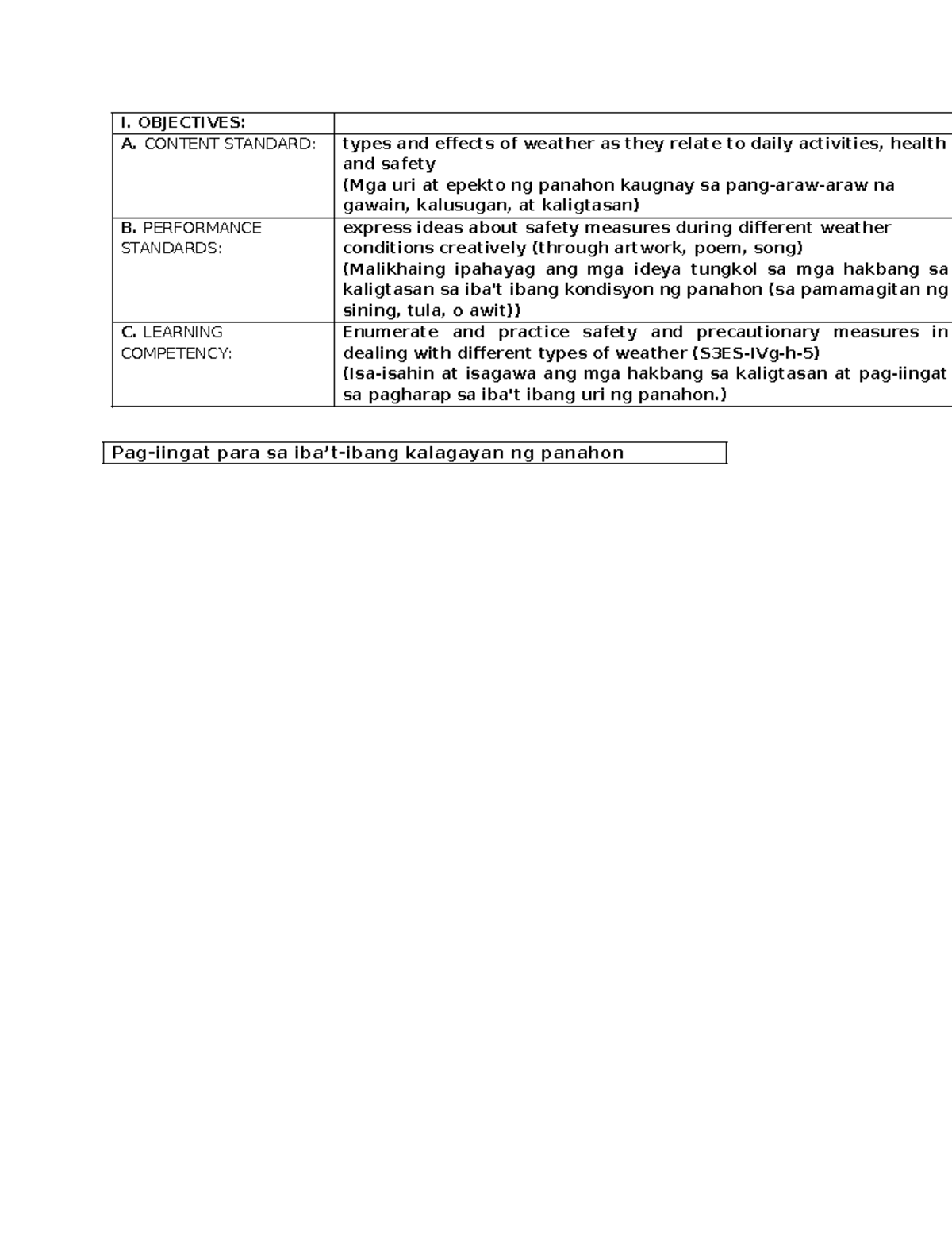 Objectives - Science - I. OBJECTIVES: A. CONTENT STANDARD: types and ...