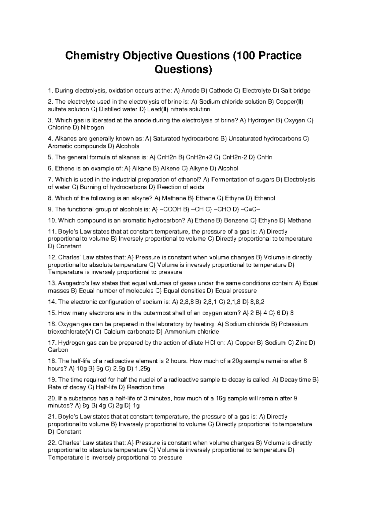 Chemistry 100 Practice Questions for Objective Exam - Studocu