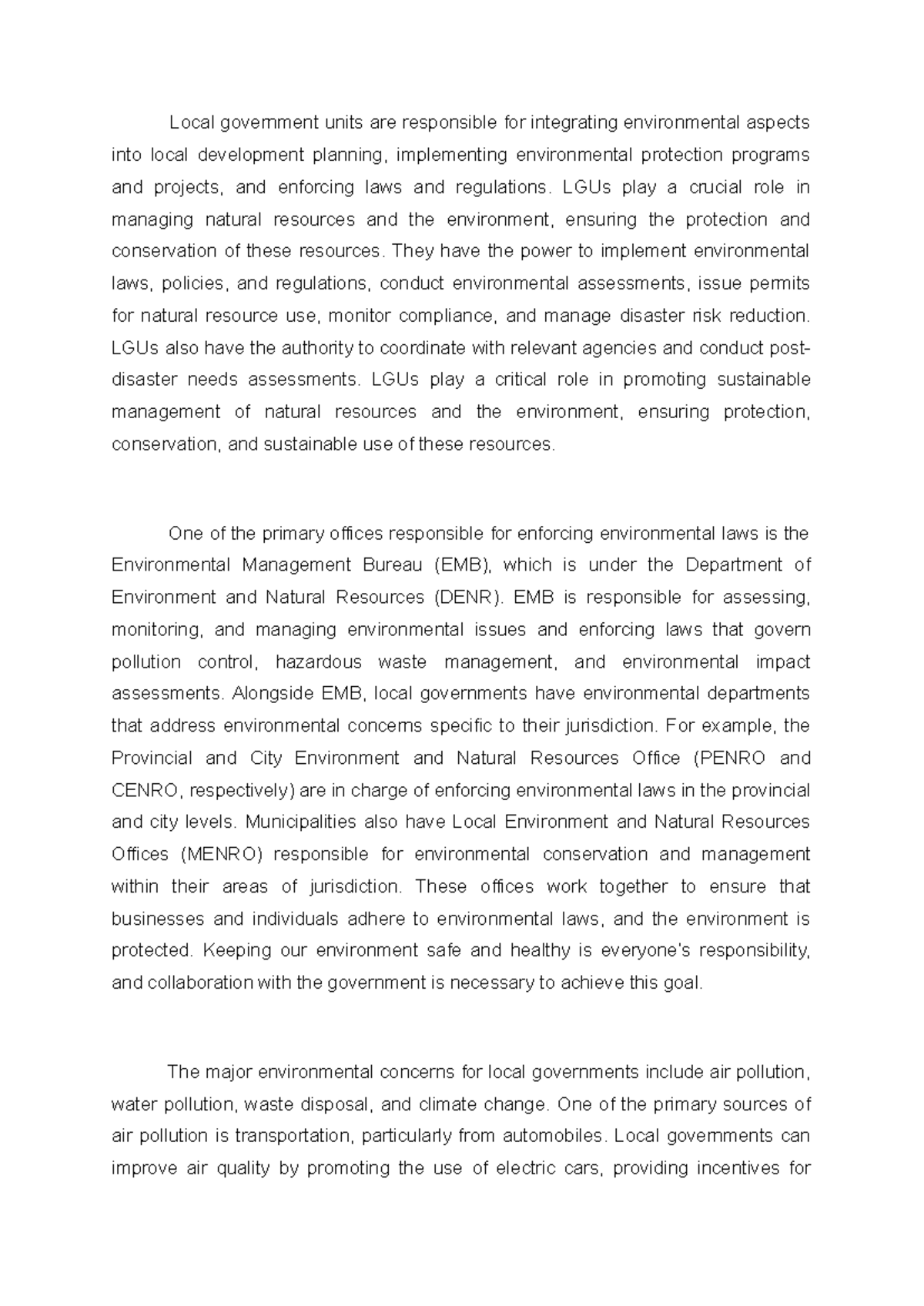 Local Government Role in Environmental Laws and Conservation - Studocu