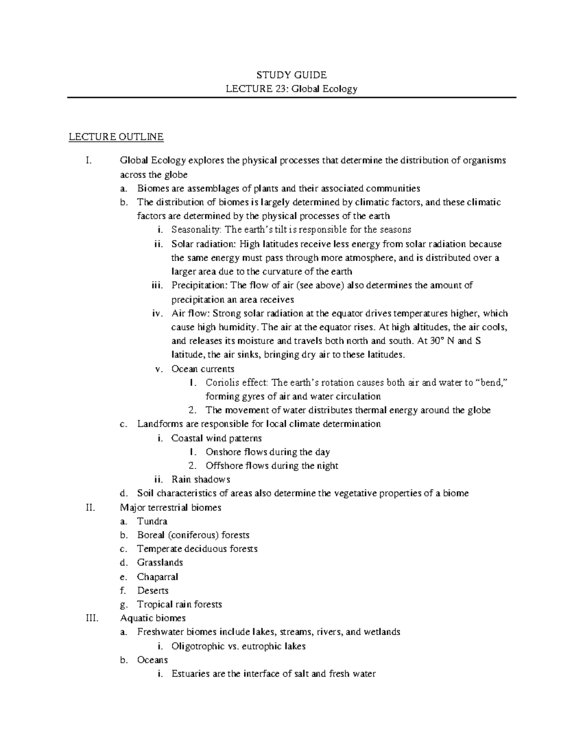 Global Ecology Study Guide (Lecture 23): Biomes & Climate Factors - Studocu