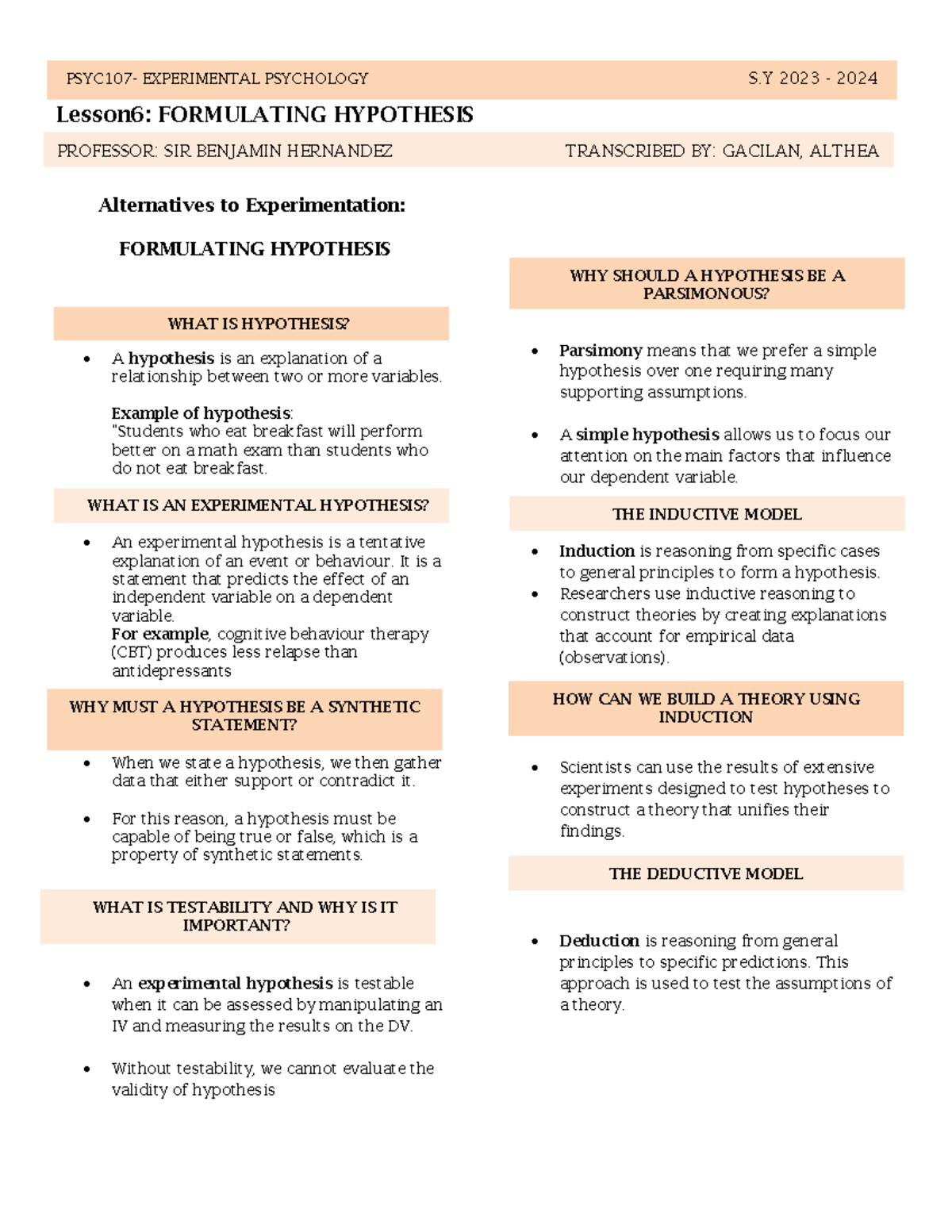 PSYC107 - Lecture Notes: Formulating Hypotheses in Experimental ...
