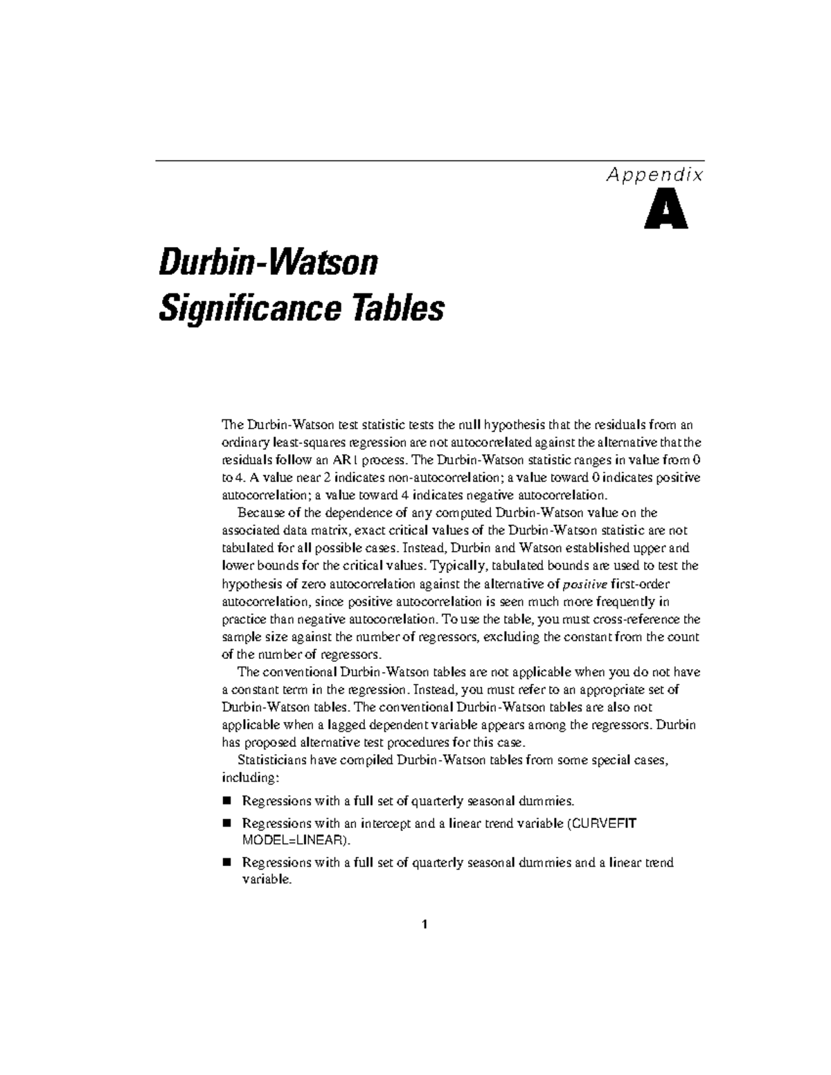 View of Durbin Watson tables - 1 A p p e n d i x A Durbin-Watson Significance ...