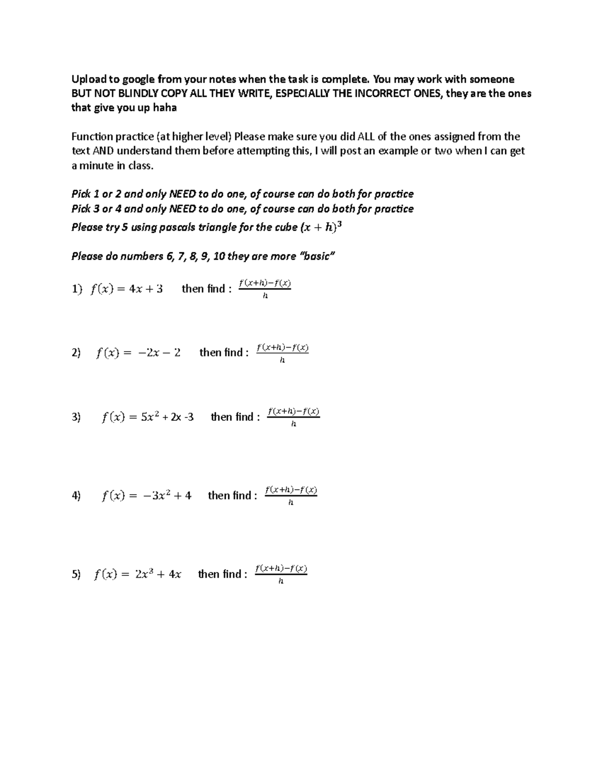Higher Level Function Practice Exercise Notes for Math 101 - Studocu