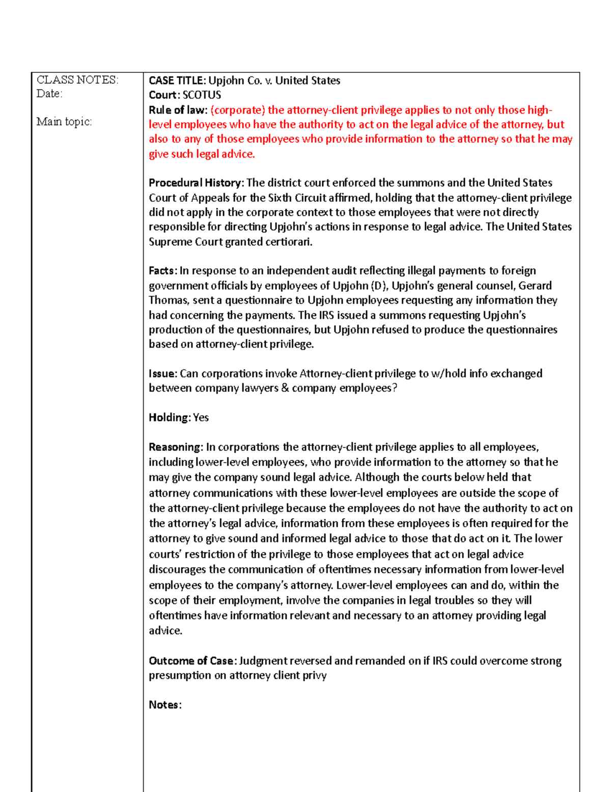 Upjohn Co. v. United States: SCOTUS Case Insights & Notes - Studocu