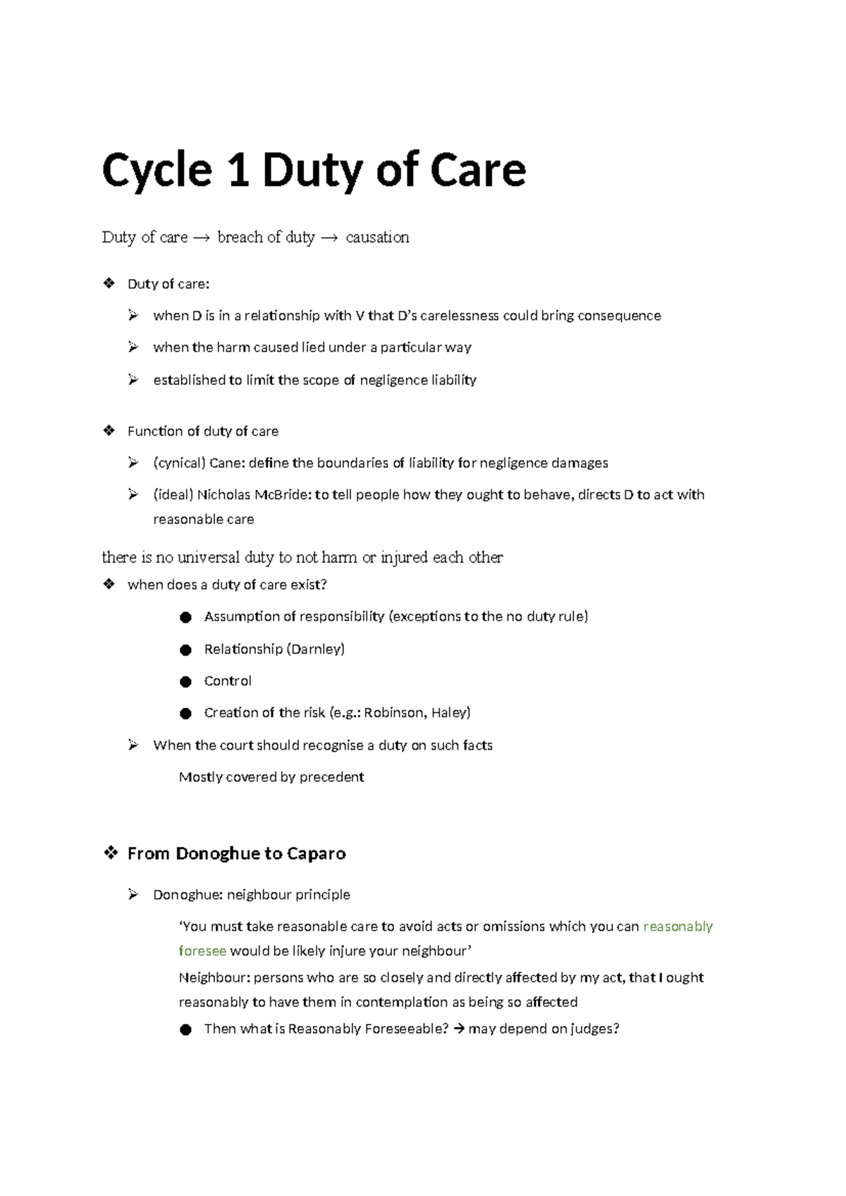 TORT LAW LECTURE NOTES - Cycle 1 Duty of Care Duty of care → breach of ...