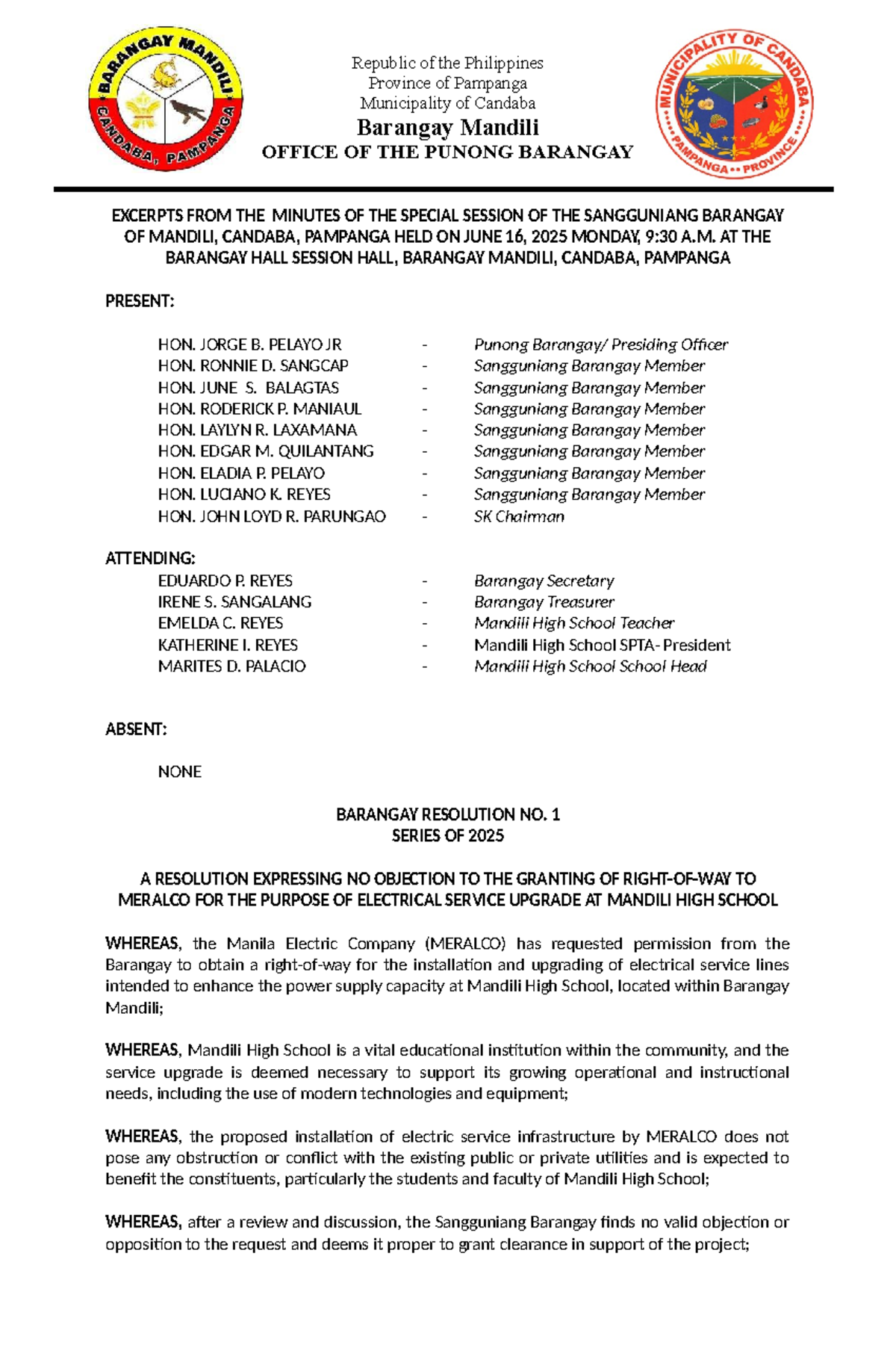 Barangay Resolution No. 1, Series of 2025: MERALCO Electrical Upgrade ...