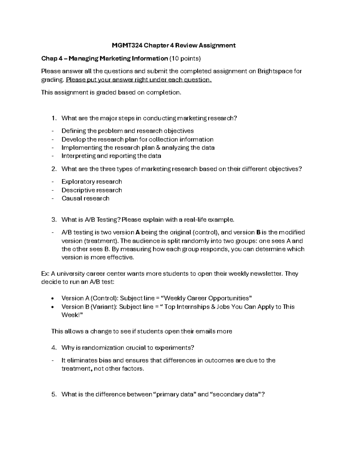 MGMT324 Chapter 4 Marketing Research Review Assignment Guide - Studocu