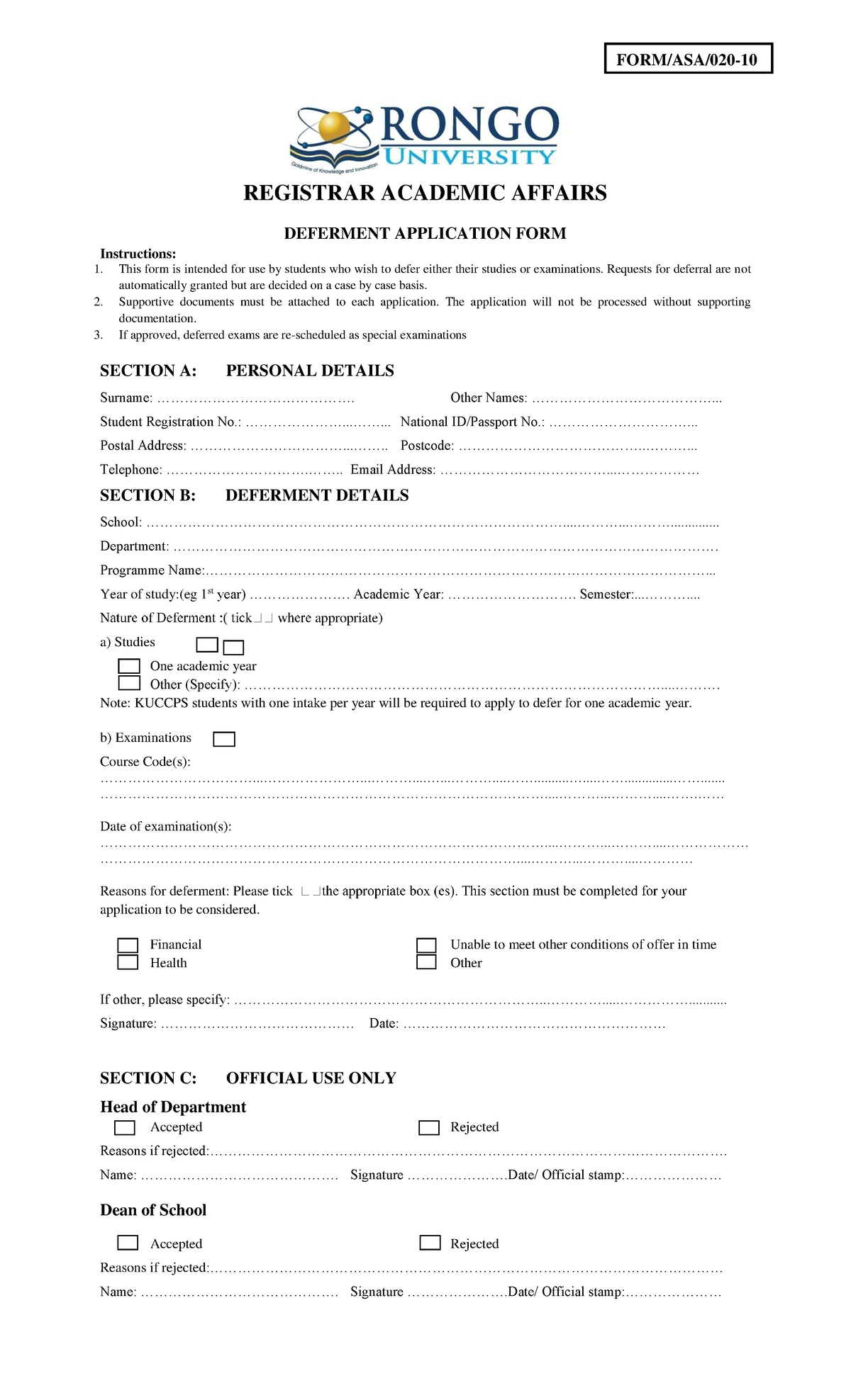 Deferment Application Form - ASA-020-10 Instructions & Details - Studocu