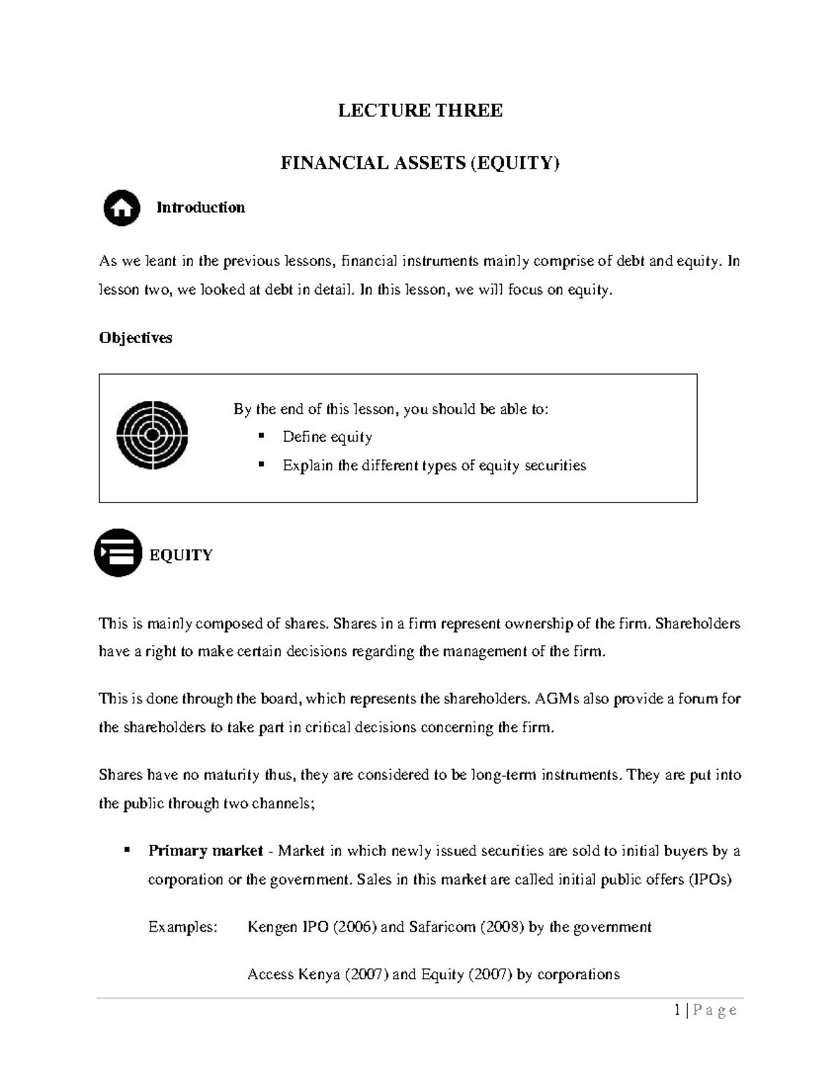 LECTURE 3: FINANCIAL ASSETS (EQUITY) - Overview & Key Concepts - Studocu