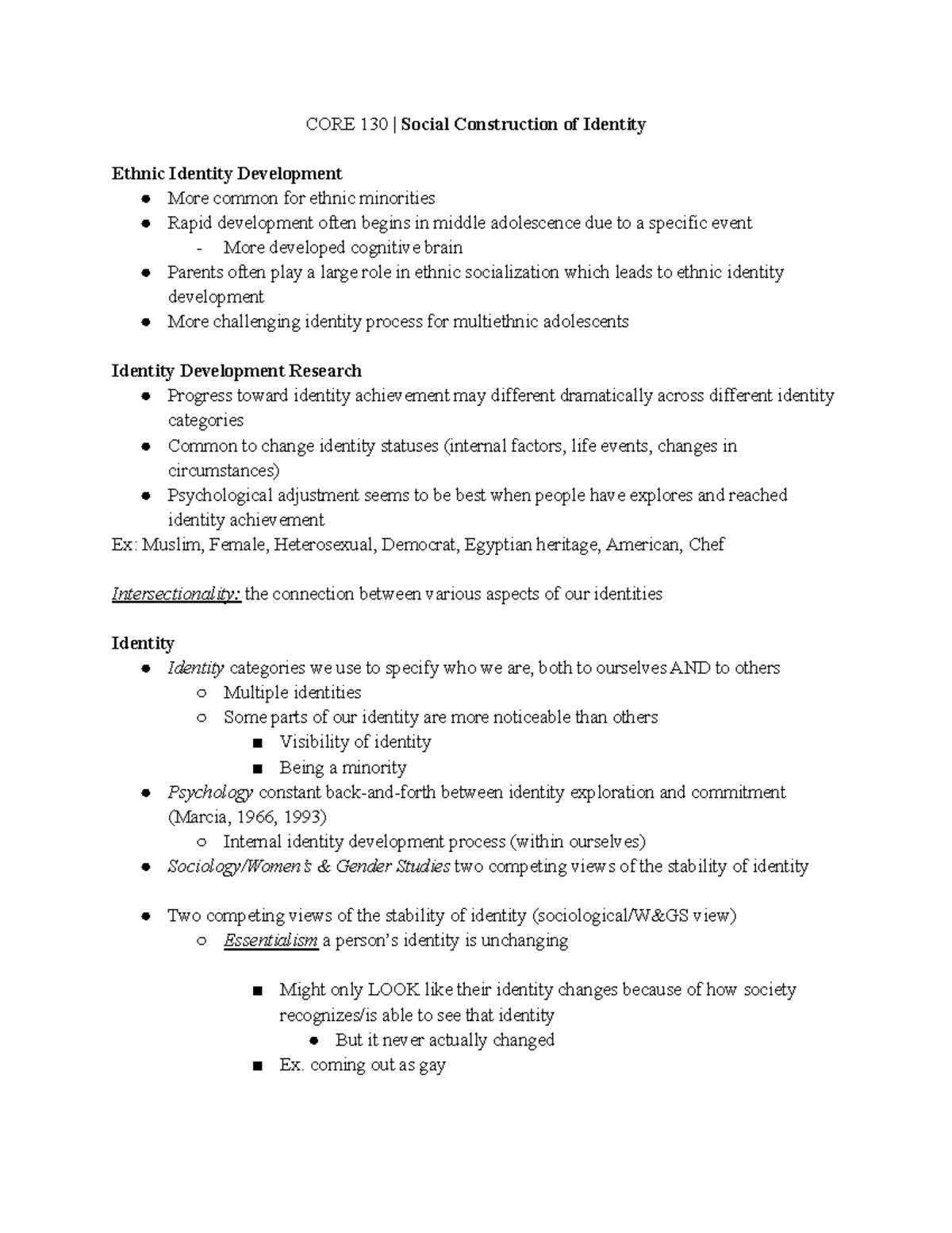 CORE 130 | Final Exam Notes on Social Construction of Identity - Studocu