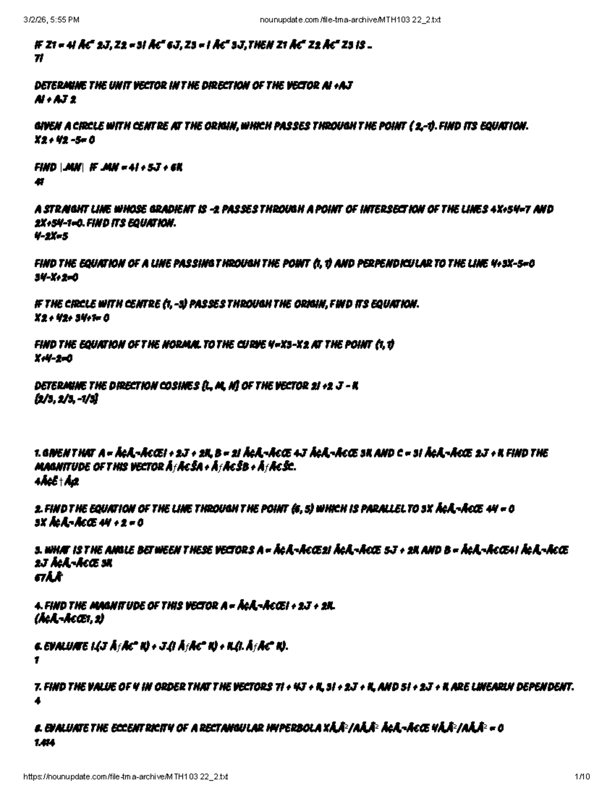 MTH 103 TMA Past Questions: Vector and Geometry Problems - Studocu