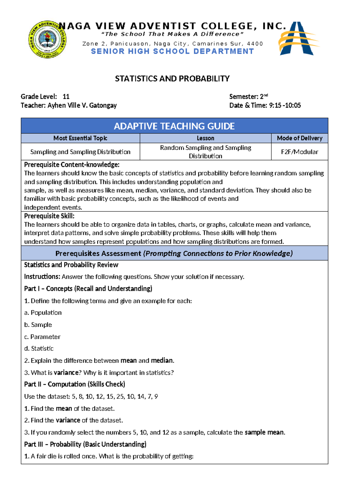 ATG SHS Statistics & Probability: Random Sampling & Distribution Guide ...