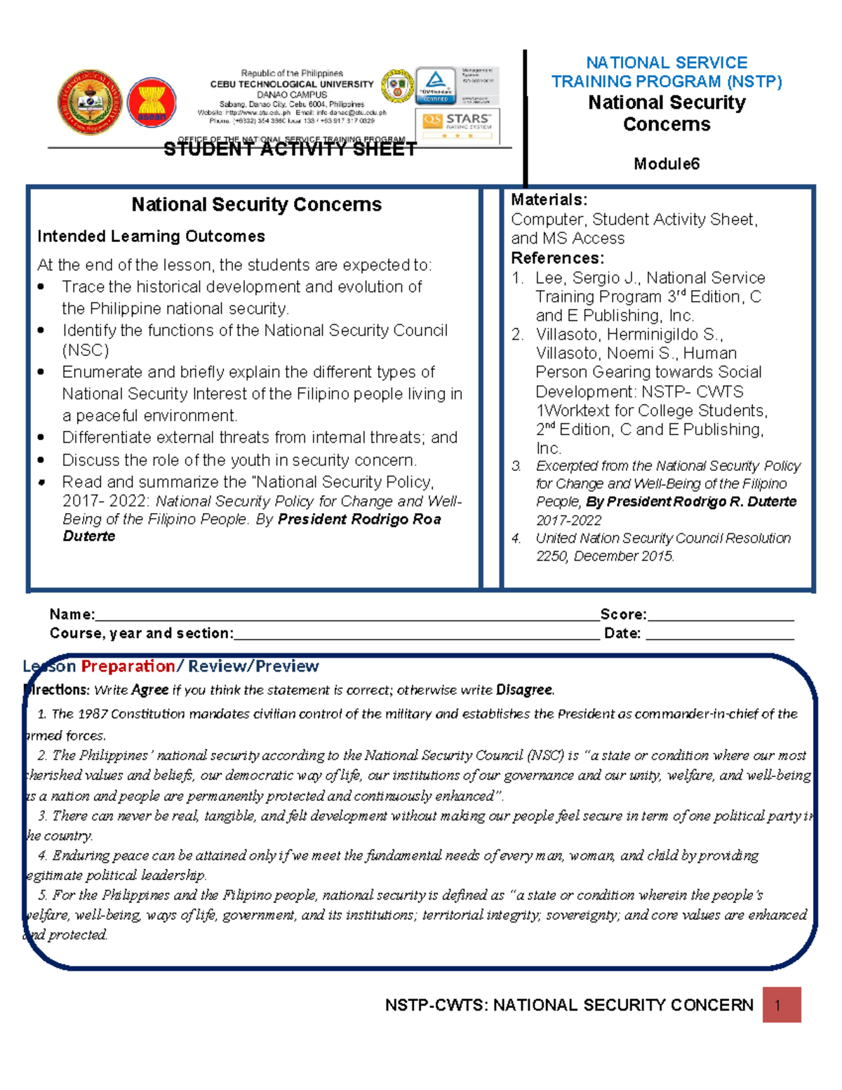 03C Citizenship-Training-National-Security - STUDENT ACTIVITY SHEET ...