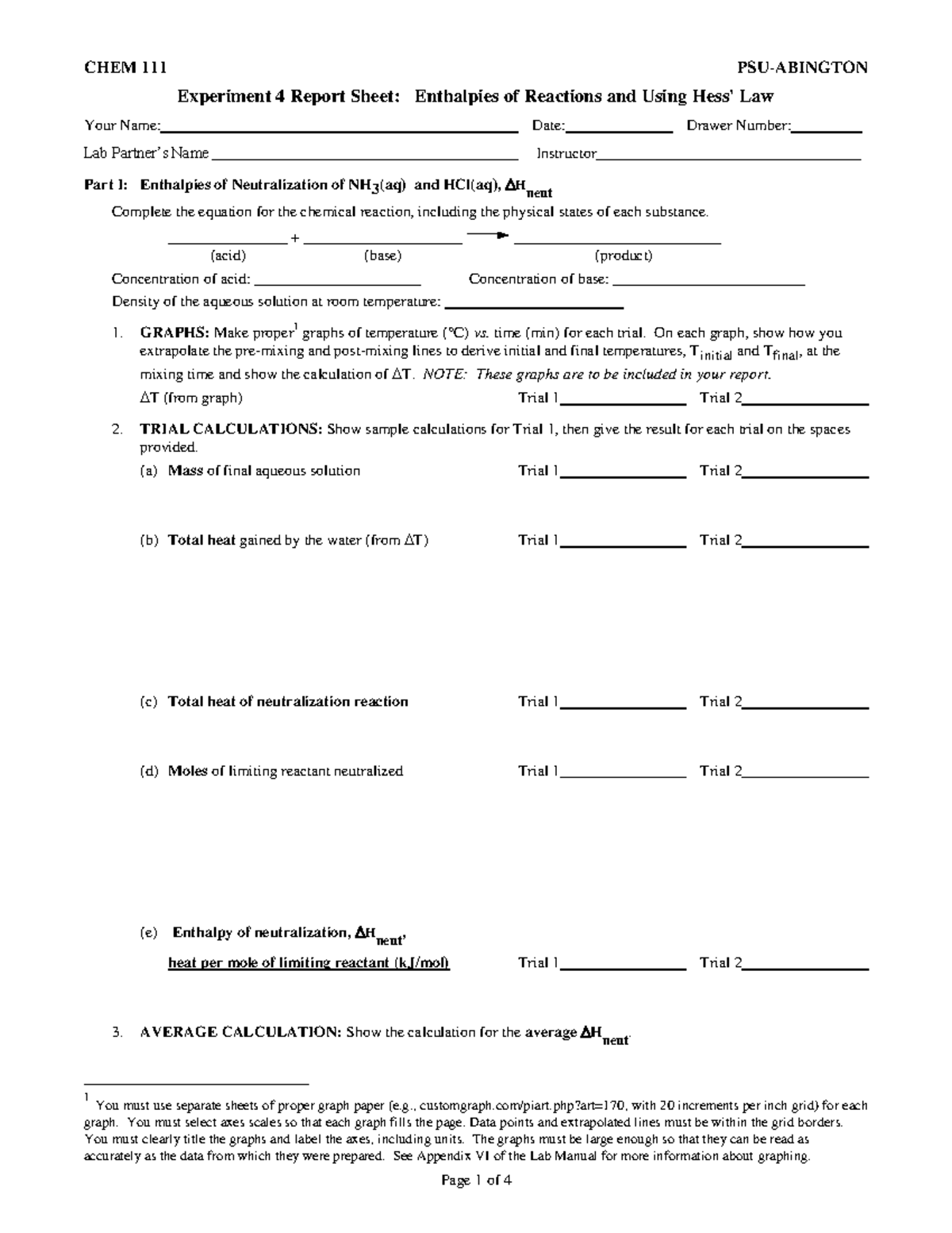 CHEM 111 Experiment 4 Report: Enthalpies of Reactions and Solutions ...