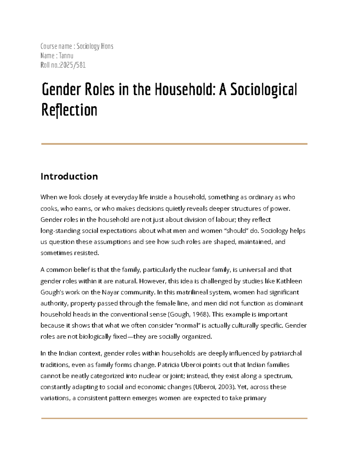 Sociology Hons: Gender Roles Assignment Analysis and Reflection - Studocu