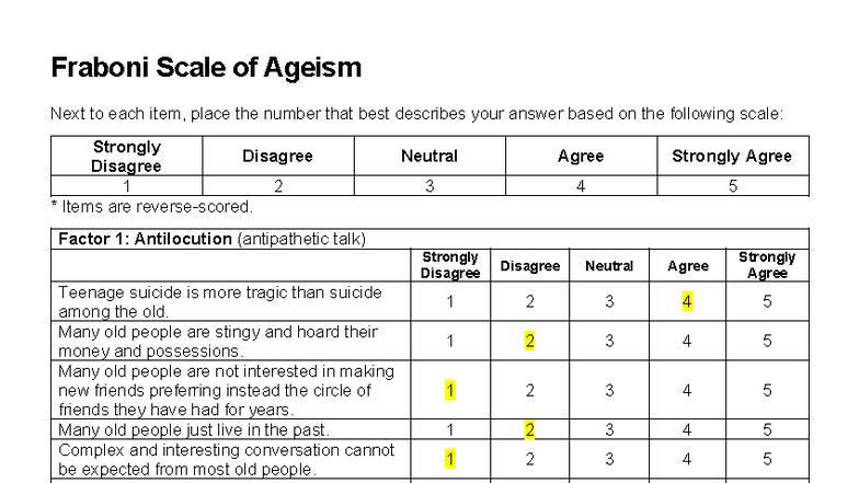 Fraboni Scale of Ageism: Assessment and Responses - Studocu