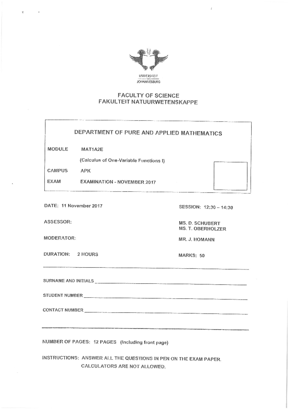 UJ MAT1A2E Final Exam November 2017 - Calculus of Functions I - Studocu