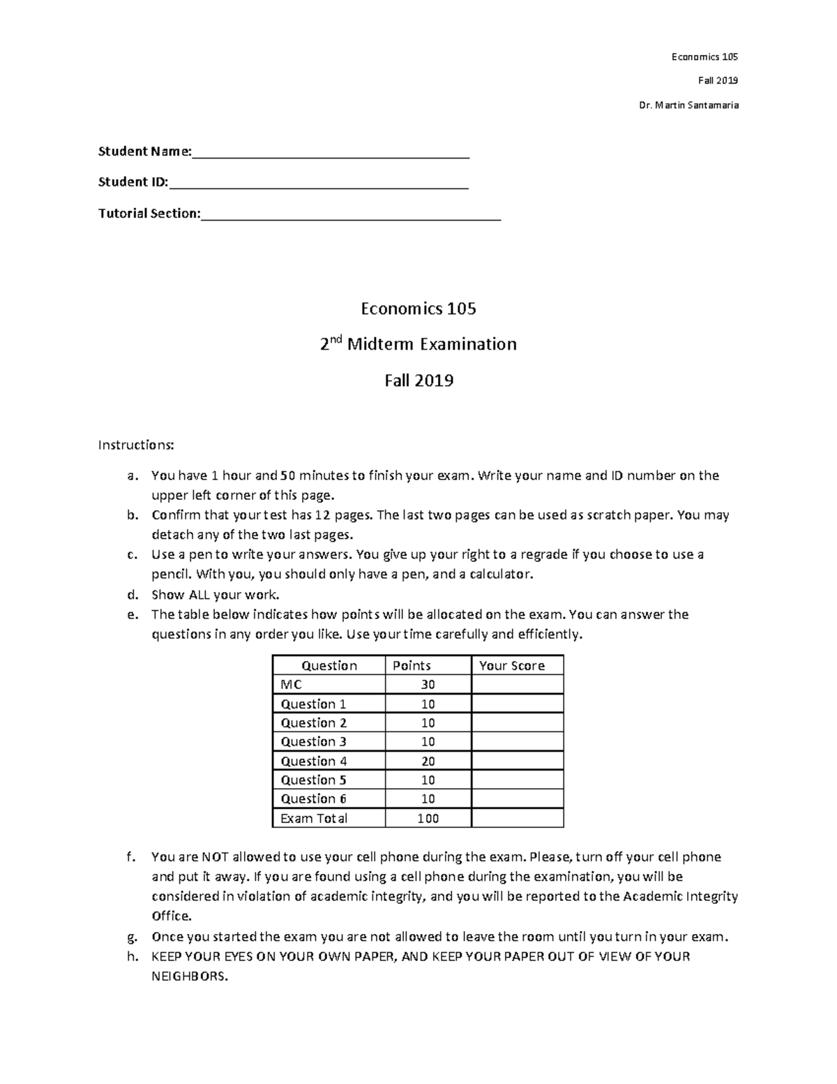 Economics 105 Fall 2019 Midterm Exam 2 Instructions and Questions - Studocu