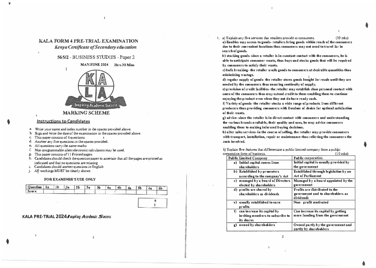 Mathematics Paper 2 Marking Scheme (KALA 2024 EXAMS) - Studocu