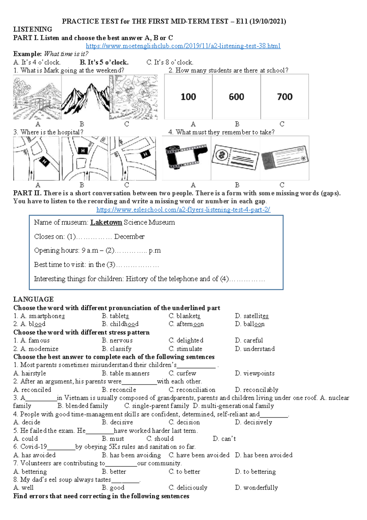 PRACTICE TEST for THE FIRST TEST E11: Listening & Reading Review - Studocu