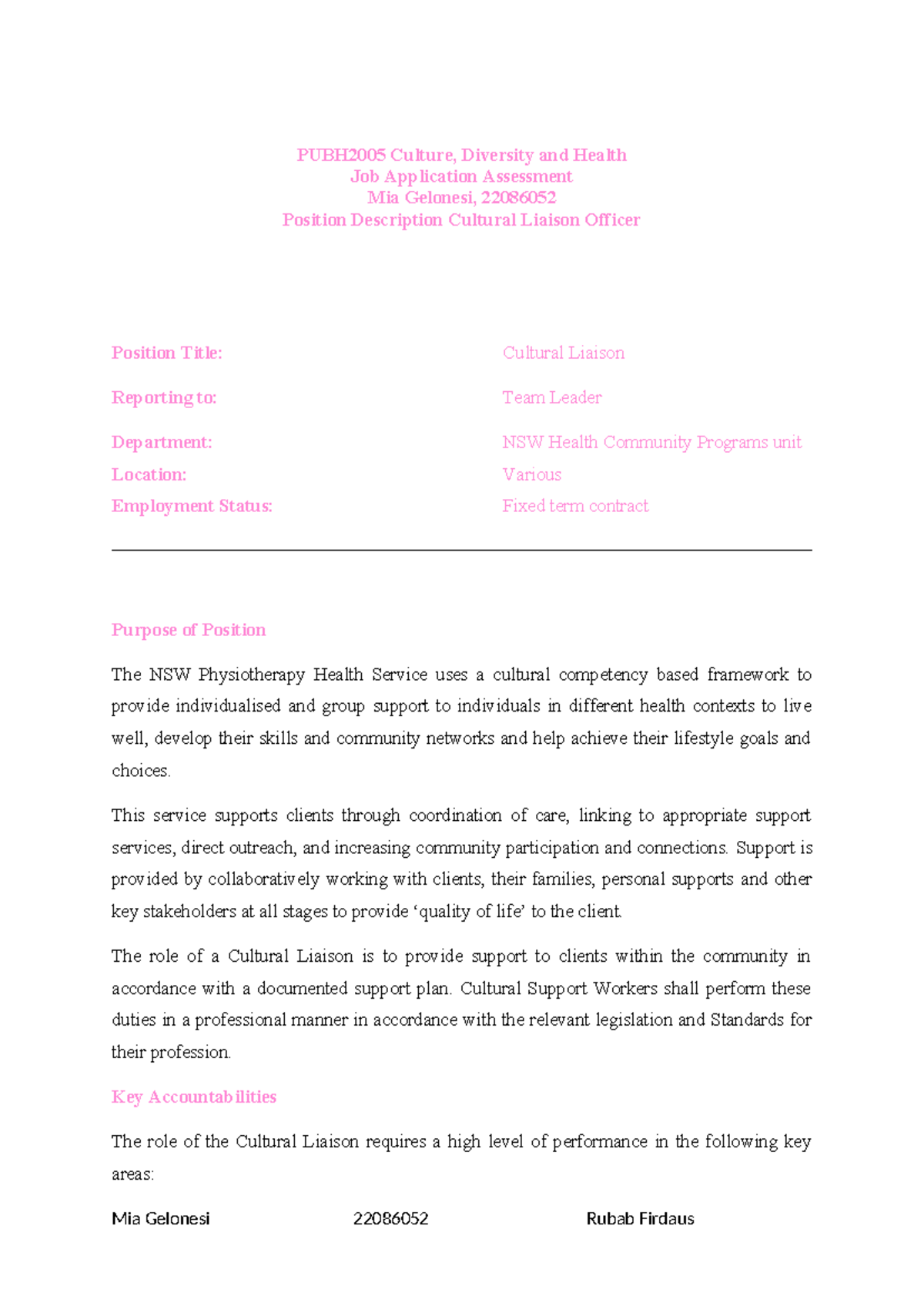 Job Application - PUBH2005 Culture, Diversity and Health Job ...