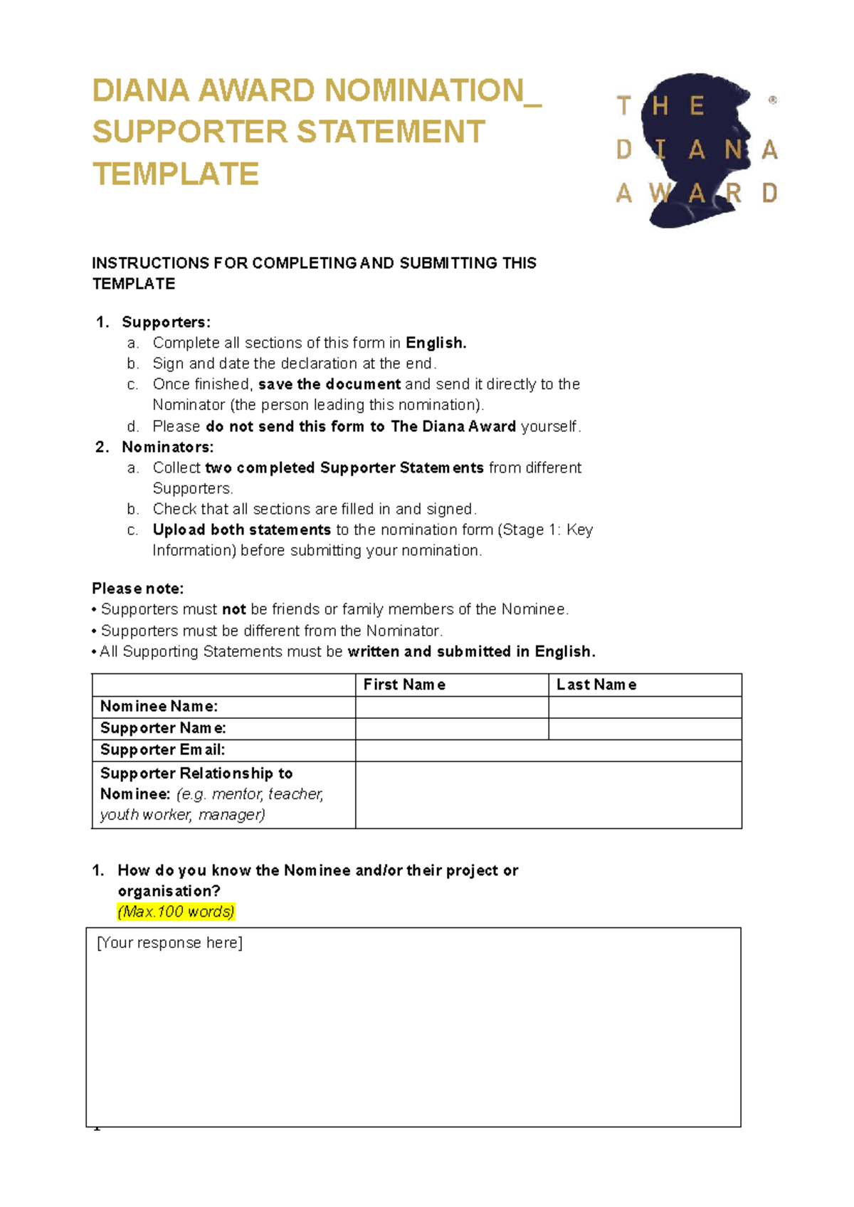 Diana Award Nomination: Supporter Statement Template Instructions - Studocu