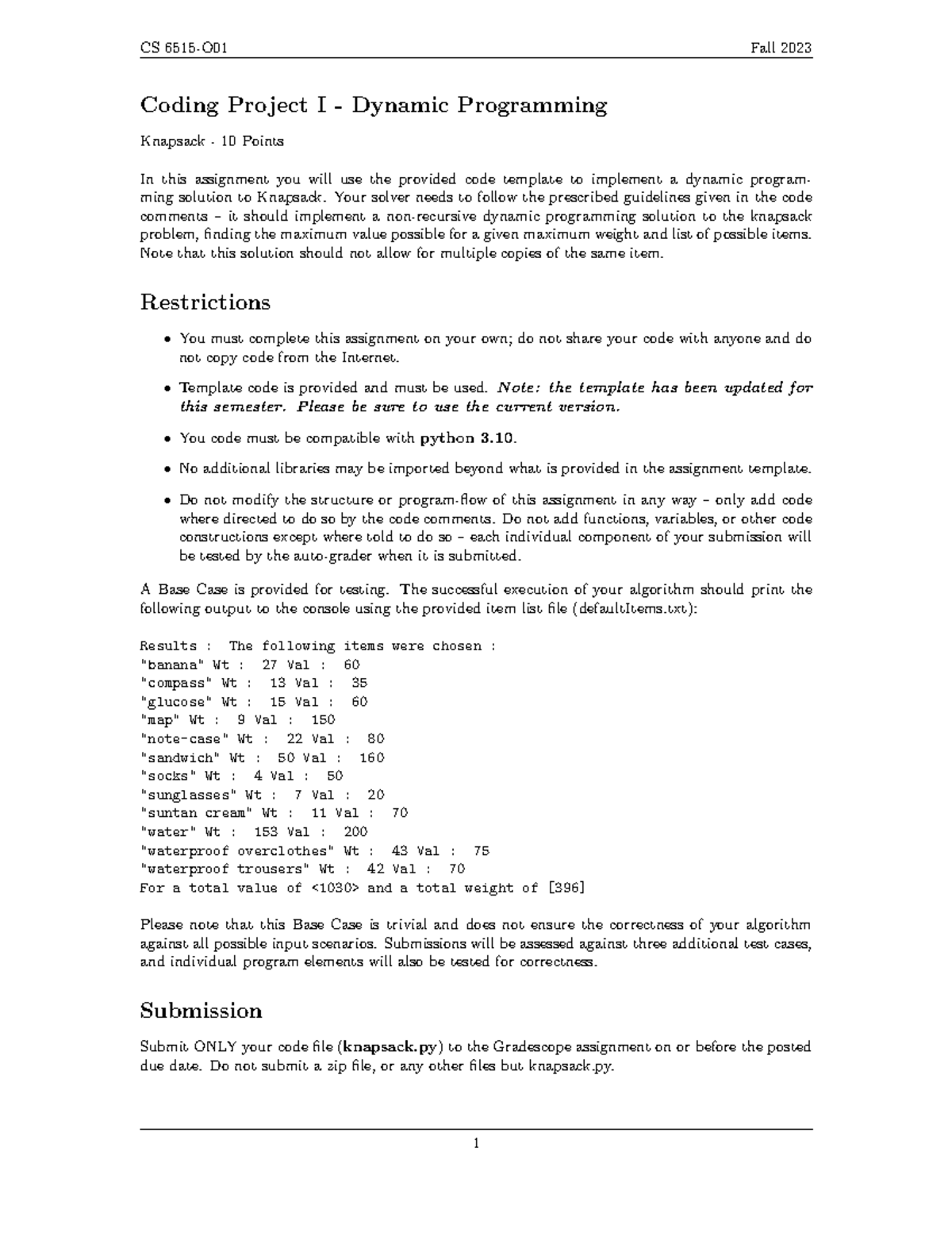 CS 6515-O01 Fall 2023: Coding Project I - Knapsack Dynamic Programming ...